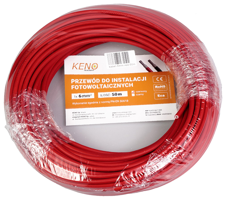 Saulės kabelis 6 mm², raudonas, 50 m (KABEL-6MM-RED-50M)